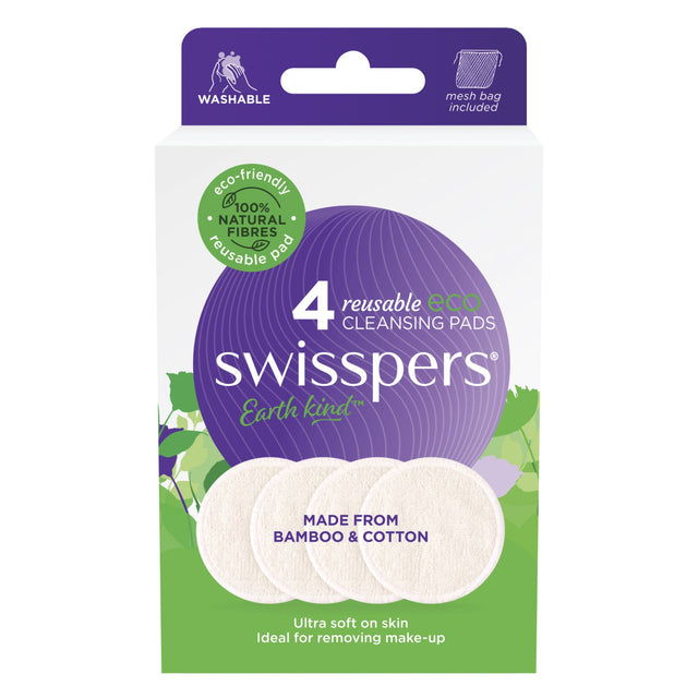 Eco-friendly Swisspers Reusable Cleansing Pads made of bamboo and cotton, includes 4 pads and a mesh bag for easy washing.