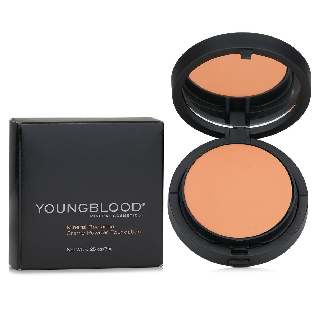 Youngblood Mineral Radiance Creme Powder Foundation in Rose Beige, offering a lightweight, soothing, and buildable cream-to-powder finish.