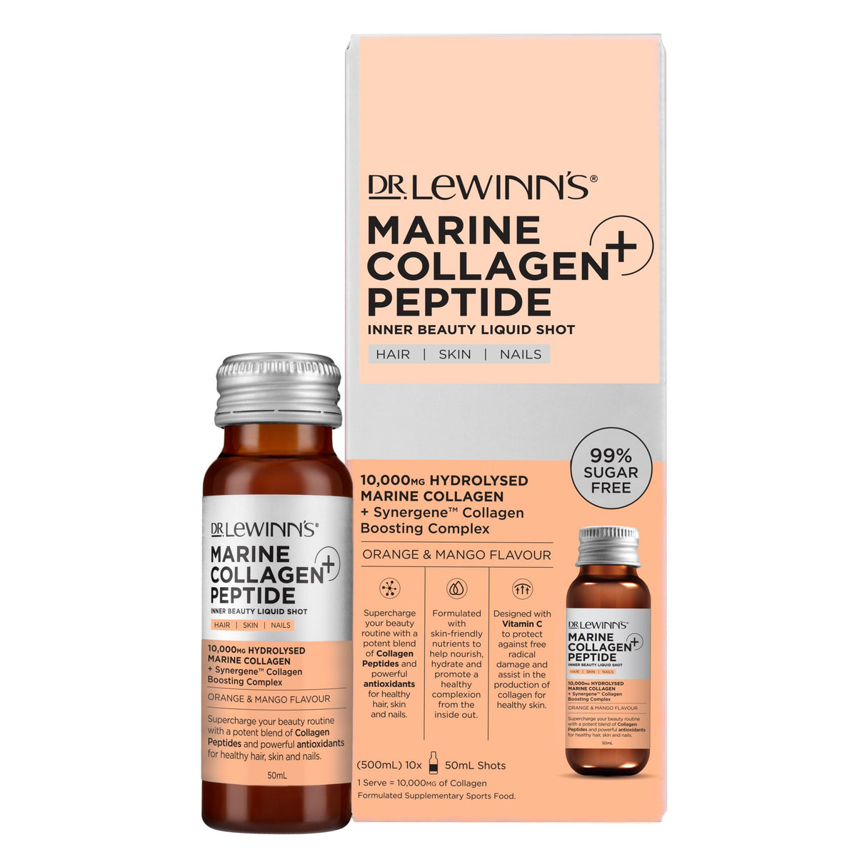 Dr. LeWinn's Marine Collagen Peptide Liquid Shot, 10,000mg collagen boost for skin hydration and firmness in a tasty 50mL shot.