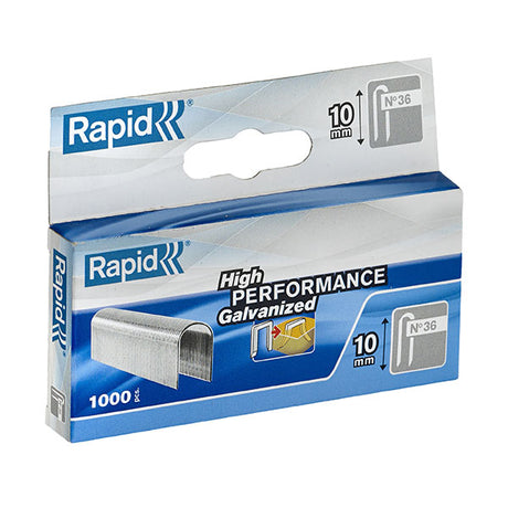 Rapid Staples 36/10 in mini box of 1000, perfect for securing low voltage cables with strong galvanized wire and diverging points.