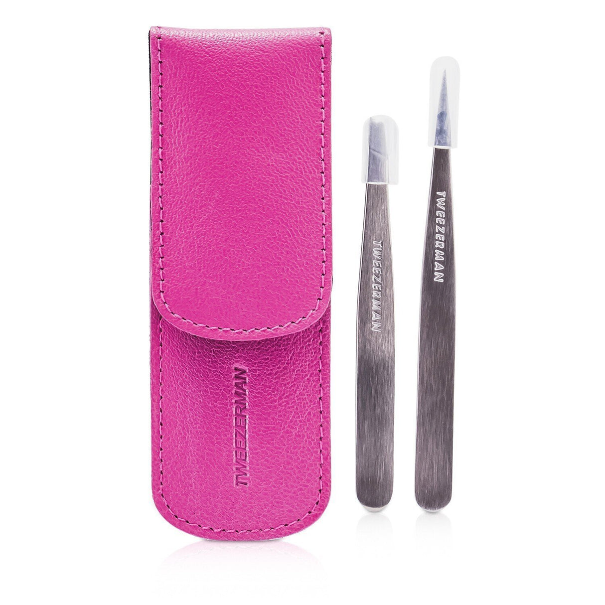 Tweezerman Petite Tweeze Set with Slant and Point Tweezers in a stylish pink case for precise eyebrow grooming.