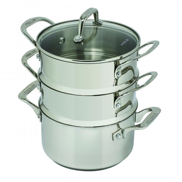 Pyrolux Pyrosteel 3 Tier Steamer Set 18cm, stainless steel, three tiers for steaming multiple dishes, induction compatible.