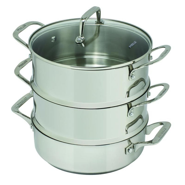 24cm Pyrolux Pyrosteel 3-tier steamer set with ergonomic handles, for versatile steaming and boiling of foods.