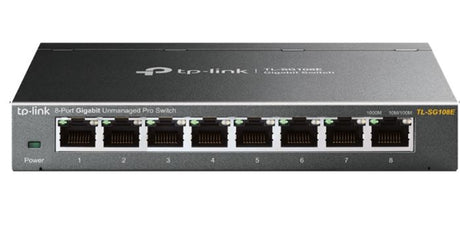 TP-Link SG108E 8-Port Gigabit Easy Smart Switch with 8 RJ45 ports and energy-efficient design for seamless network management.