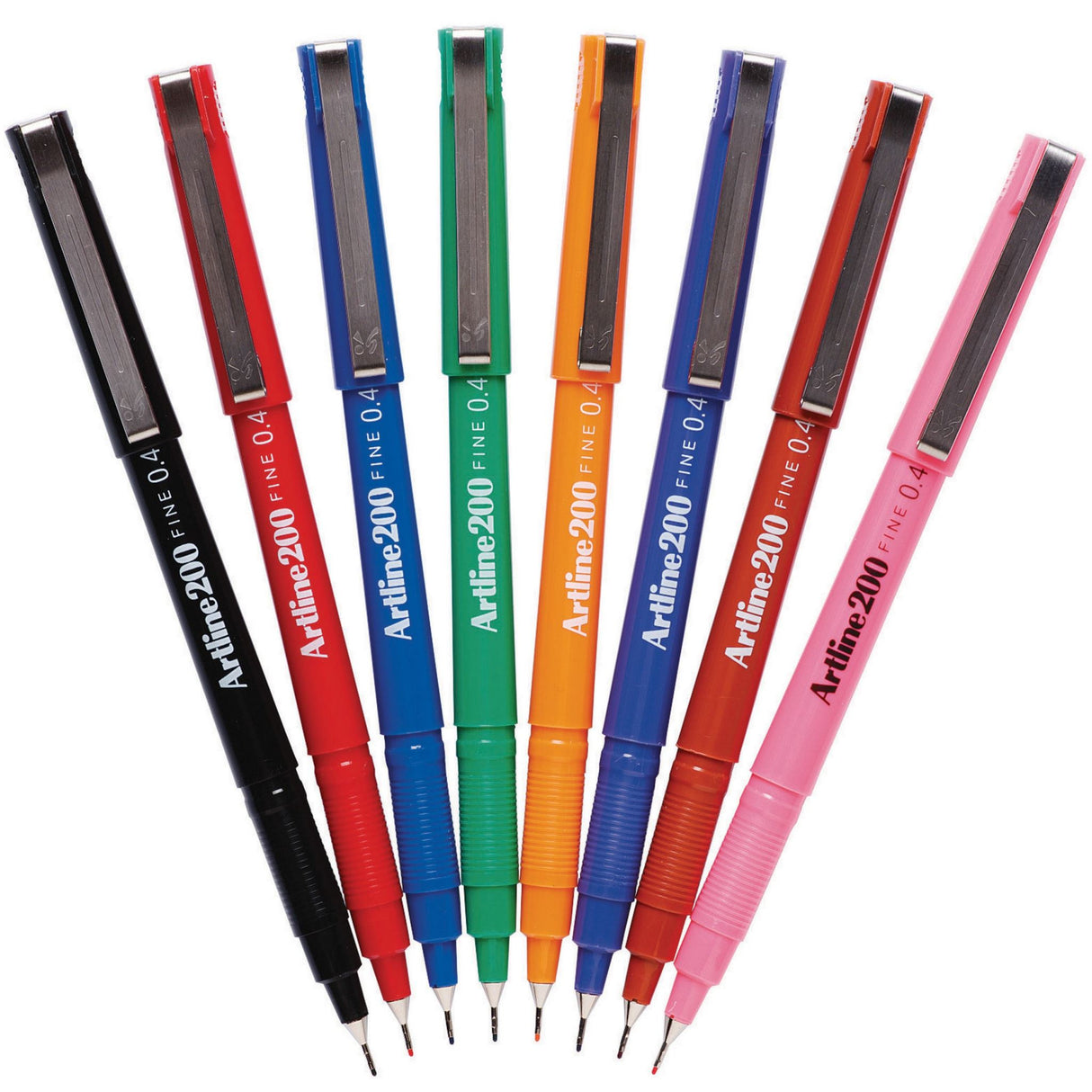 Colorful set of 12 Artline 200 Fineliner Pens featuring a 0.4mm fine tip, ideal for writing and detailed artwork.