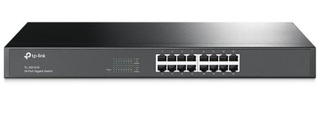 16-port TP-Link SG1016 Gigabit switch with 1000Mbps speeds, energy-efficient, rack-mountable, and fanless design.