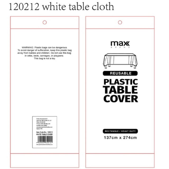 Pack of 12 white plastic table cloths, 137x274cm, perfect for stylish dining at events and easy clean-up.