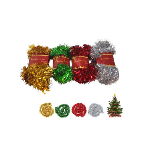 Vibrant 2Ply Christmas tinsel, 5cm x 10m, pack of 12 for decorating trees, wreaths, and garlands. Perfect for festive flair.