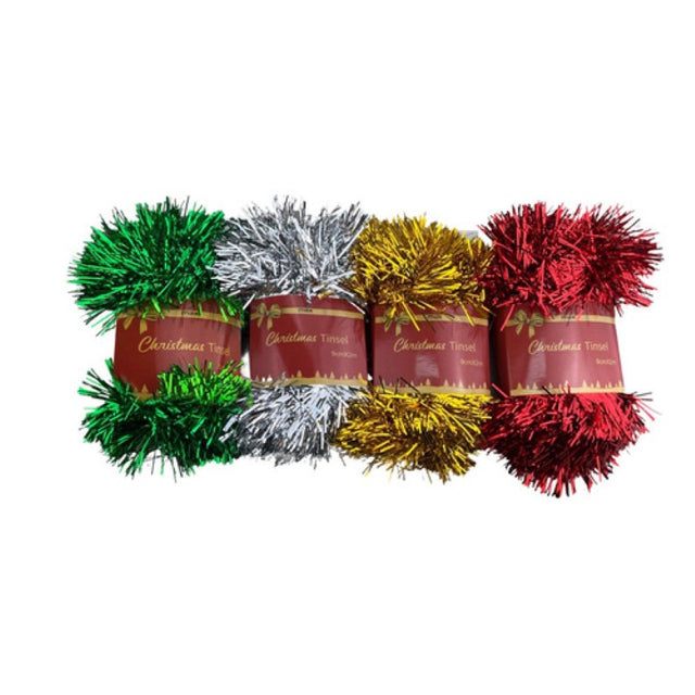 Vibrant 6Ply tinsel strips, 9cm x 2m each, pack of 12, perfect for festive decorating and creative crafts.