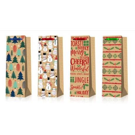 Kraft paper wine bags in festive design, 12x36x9cm, perfect for gifting wine during holiday celebrations. Pack of 12.