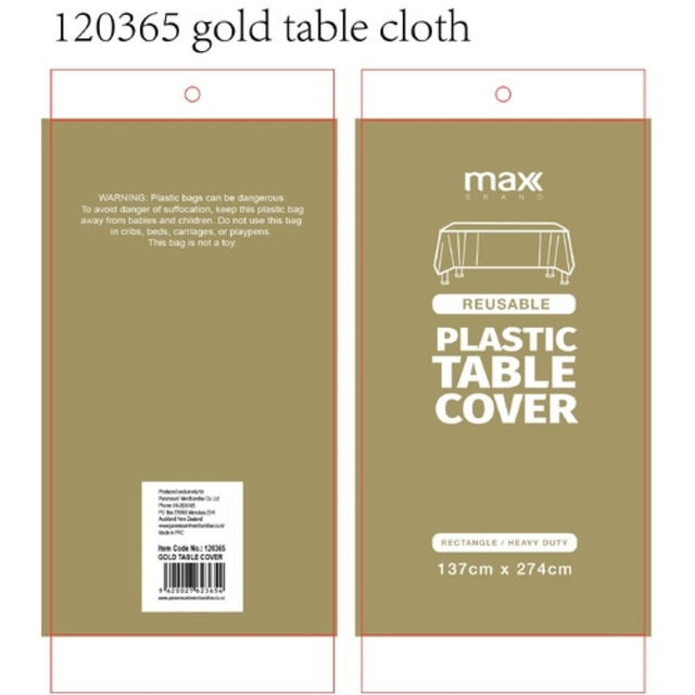 Elegant gold plastic table cloths measuring 137x274cm, perfect for events, parties, and easy cleanup. Pack of 12.