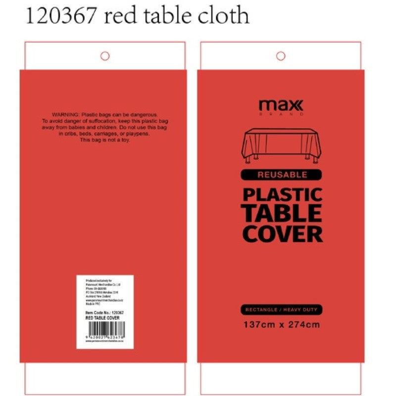 Vibrant red plastic tablecloths (137x274cm) in a pack of 12, ideal for casual or formal events, durable and disposable.