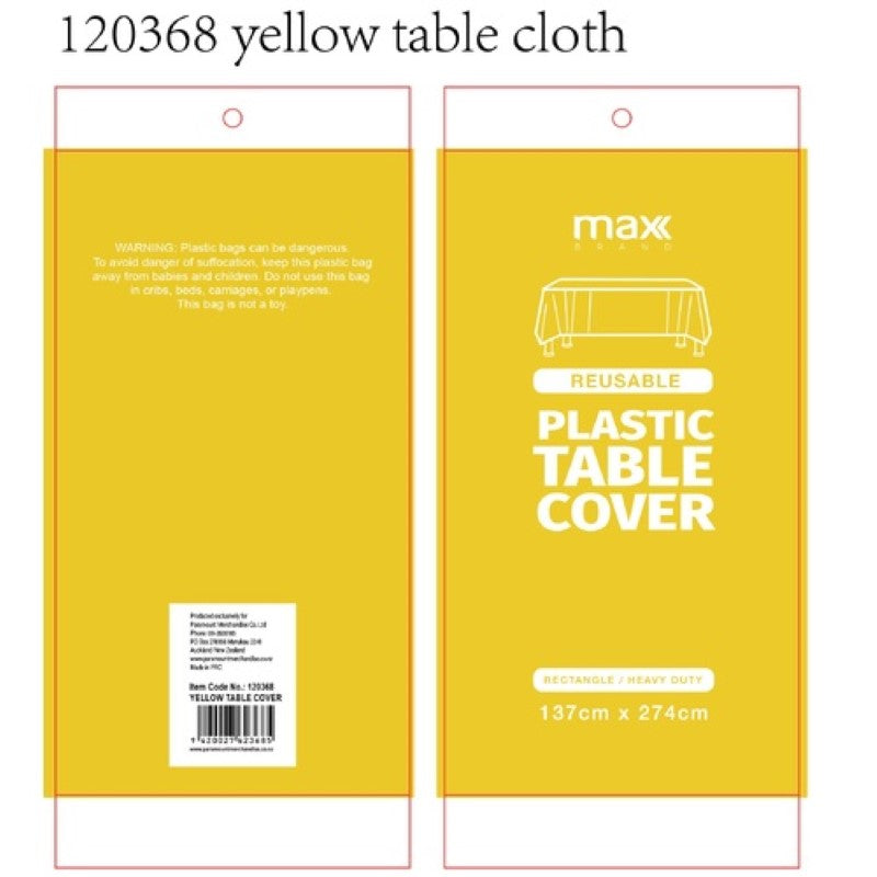Vibrant yellow plastic tablecloths (137x274cm) in a pack of 12, perfect for protecting surfaces at any celebration.