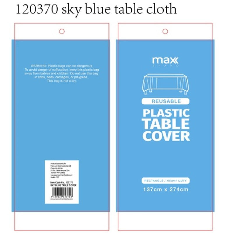 Sky blue plastic tablecloths, 137x274cm, pack of 12, perfect for parties and easy cleanup.