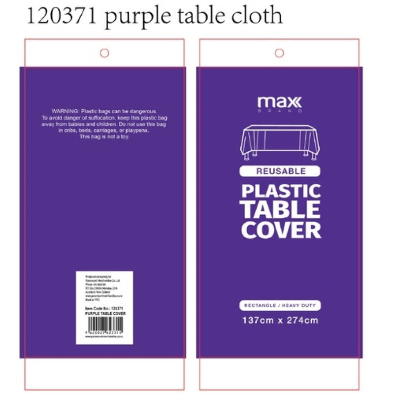 Purple plastic tablecloths measuring 137x274cm, pack of 12, perfect for stylish, hassle-free dining events.