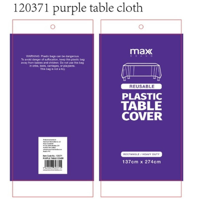 Purple plastic tablecloths measuring 137x274cm, pack of 12, perfect for stylish, hassle-free dining events.