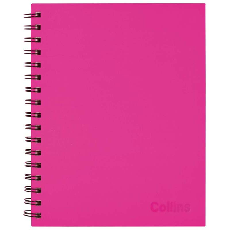 Vibrant Shocking Pink Collins notebook, spiral-bound with 100 detachable pages, perfect for notes and sketches on the go.