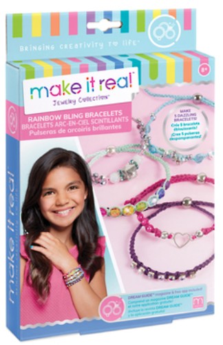 Brightly colored DIY bracelet kit featuring waxed cords, trendy beads, and tools to create five unique sparkly designs.