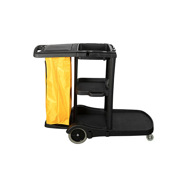 Cleanlink Janitor's Trolley with 3 tiers, black finish, ideal for efficient organization and professional cleaning in any space.