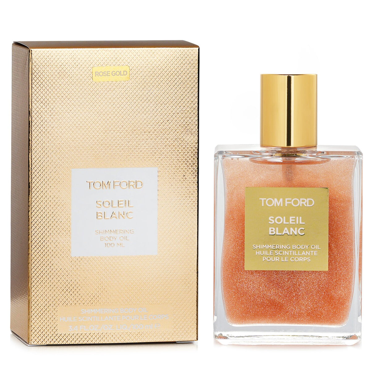 Rose gold shimmering body oil from Tom Ford, enhancing skin with a sultry glow and a luxurious floral fragrance.