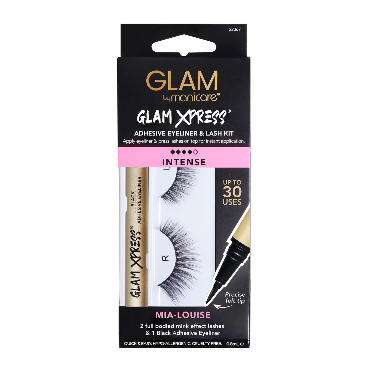 Glam by Manicare 73 Mia-Louise kit with hypoallergenic adhesive eyeliner and reusable mink-effect lashes for easy application.