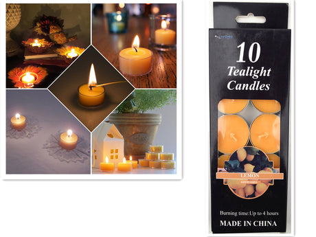Lemon scented tealight candles in a 9-pack, ideal for enhancing ambiance with a refreshing citrus aroma.