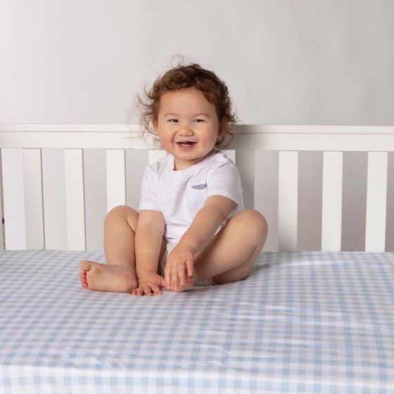 Waterproof Jersey Fitted Cot Sheet - Gingham Sage - All4Ella