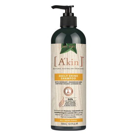 A'kin Daily Shine Rosemary Shampoo 500mL bottle, nourishing formula for radiant, healthy hair with essential oils.