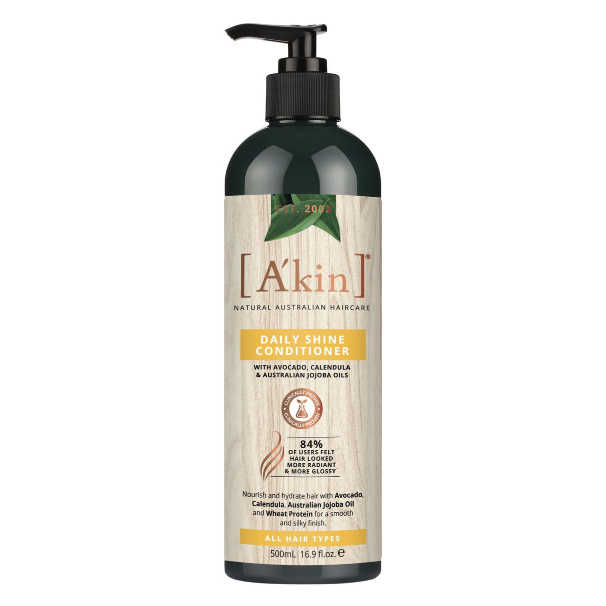 A'kin Daily Shine Conditioner with Avocado & Calendula for nourished, frizz-free, and radiant hair in a 500mL bottle.