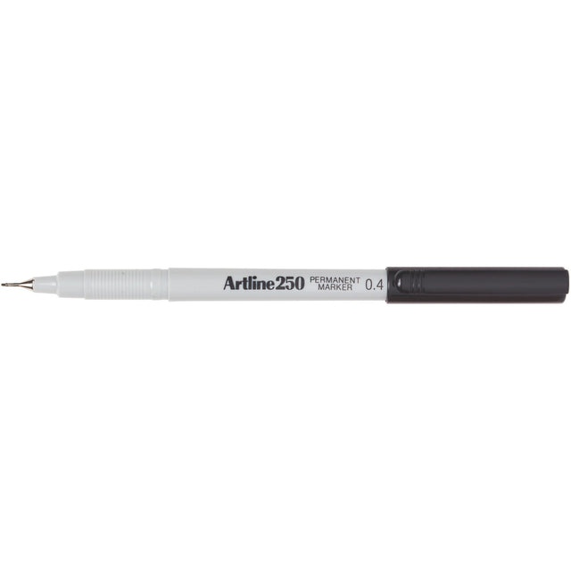 Artline 250 Permanent Markers pack of 12, featuring 0.4mm plastic nib for fine line marking, smudge-proof and low odour ink.