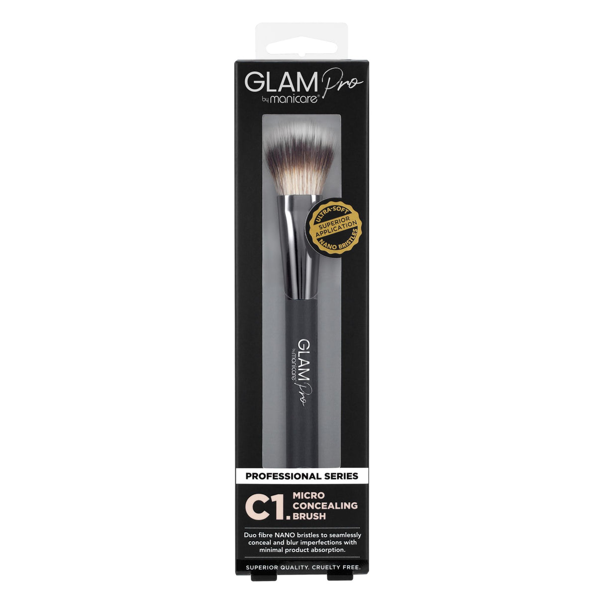 Glam by Manicare Pro C1 Micro Concealing Brush with ultra-soft nano bristles for flawless makeup application and minimal product waste.