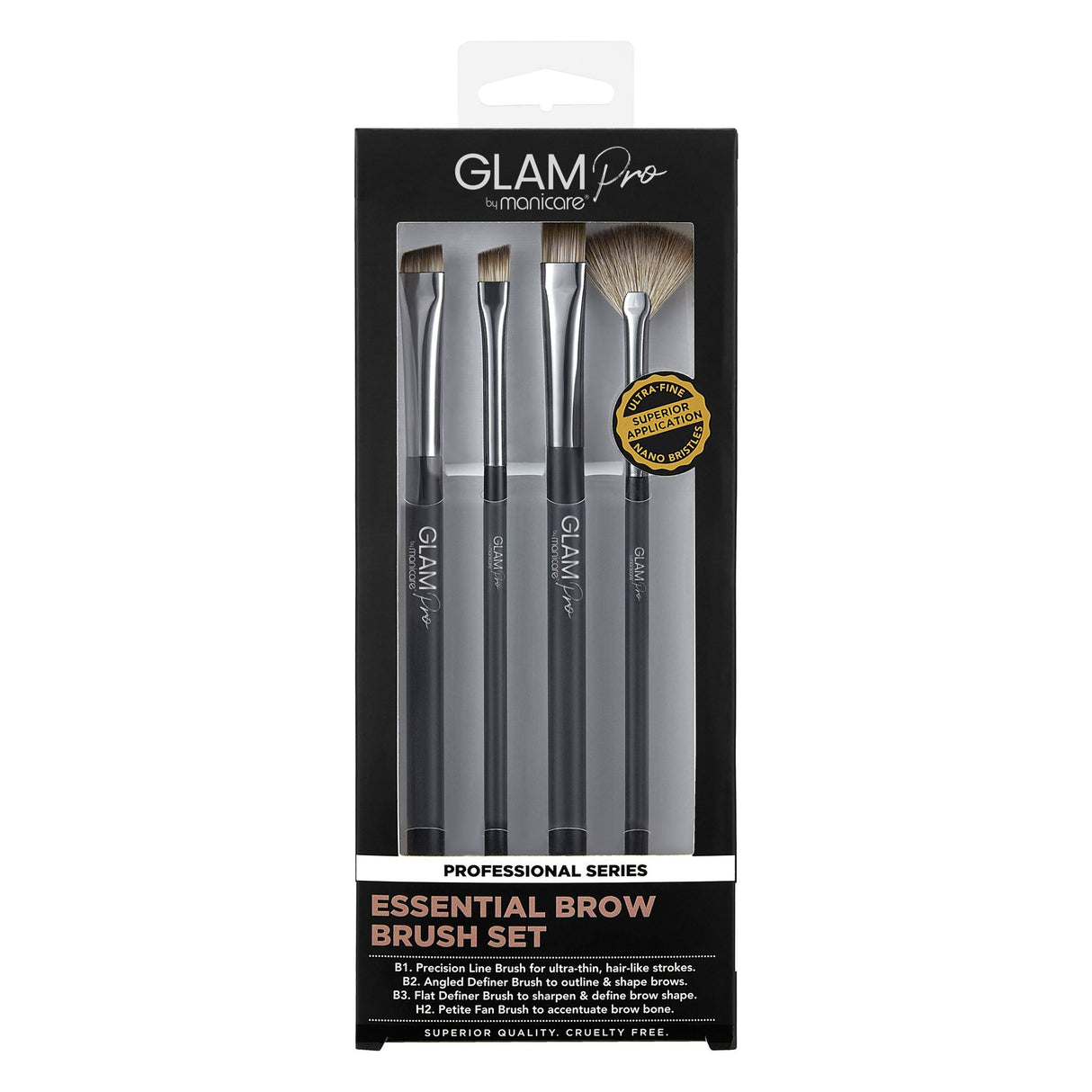 Glam by Manicare® Pro Essential Brow Brush Set featuring ultra-soft brushes for precise shaping and defining of brows.