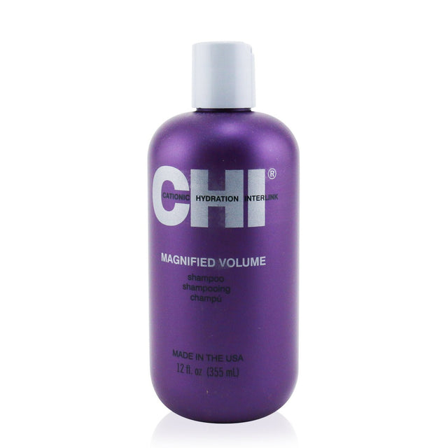 Bottled CHI Magnified Volume Shampoo, 355ml, designed to boost volume and nourish fine hair for vibrant, bouncy looks.