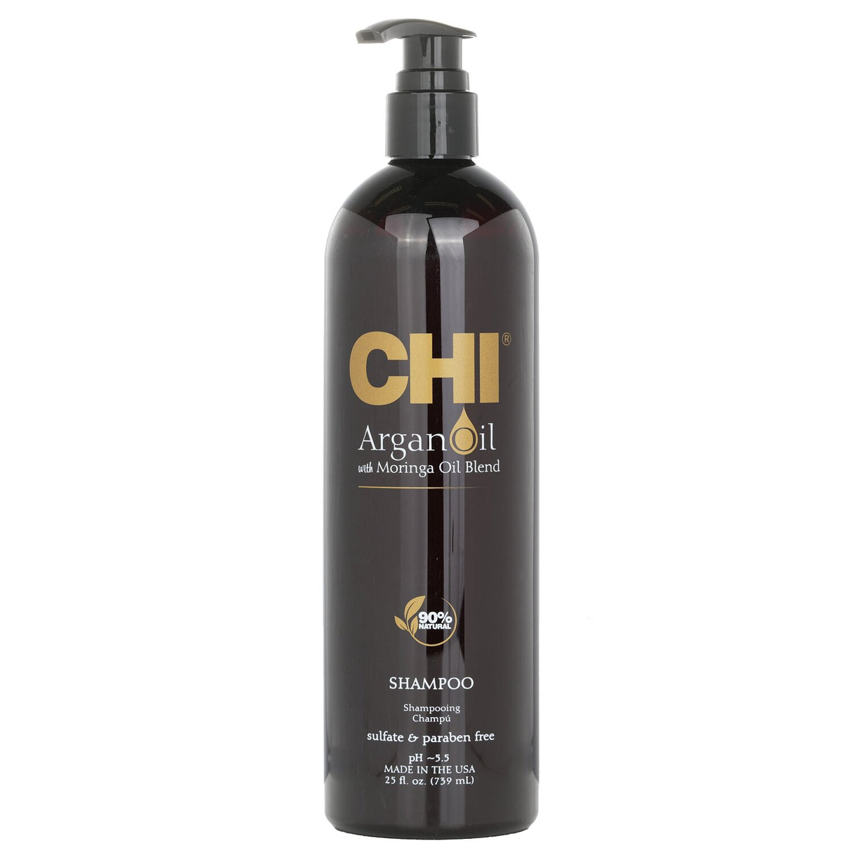 Nourishing shampoo with Argan and Moringa oils, sulfate-free for healthy, vibrant hair. 739ml bottle.