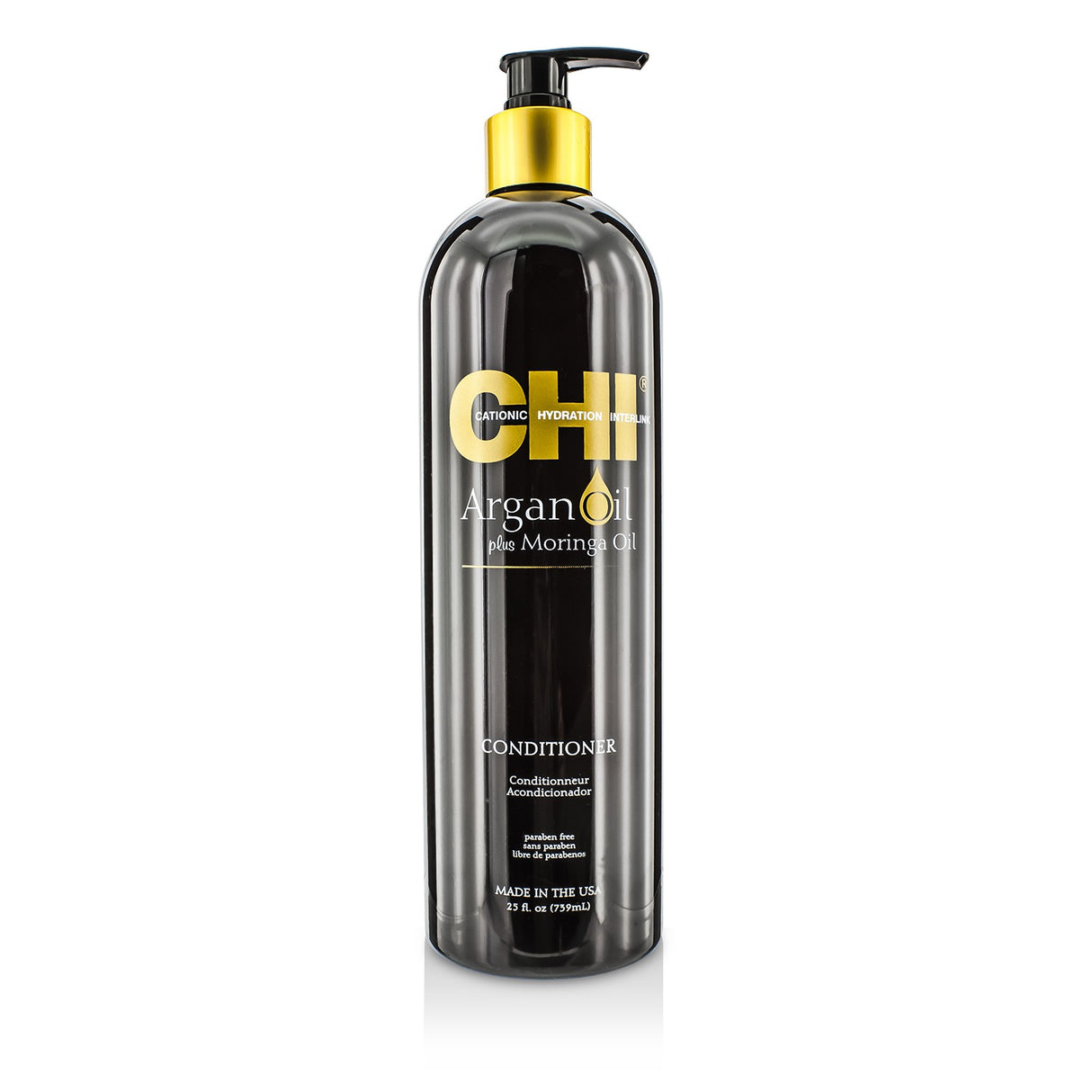 Nourishing CHI Argan Oil Plus Moringa Oil Conditioner in a 739ml bottle, paraben-free, revitalizes and hydrates dull hair.