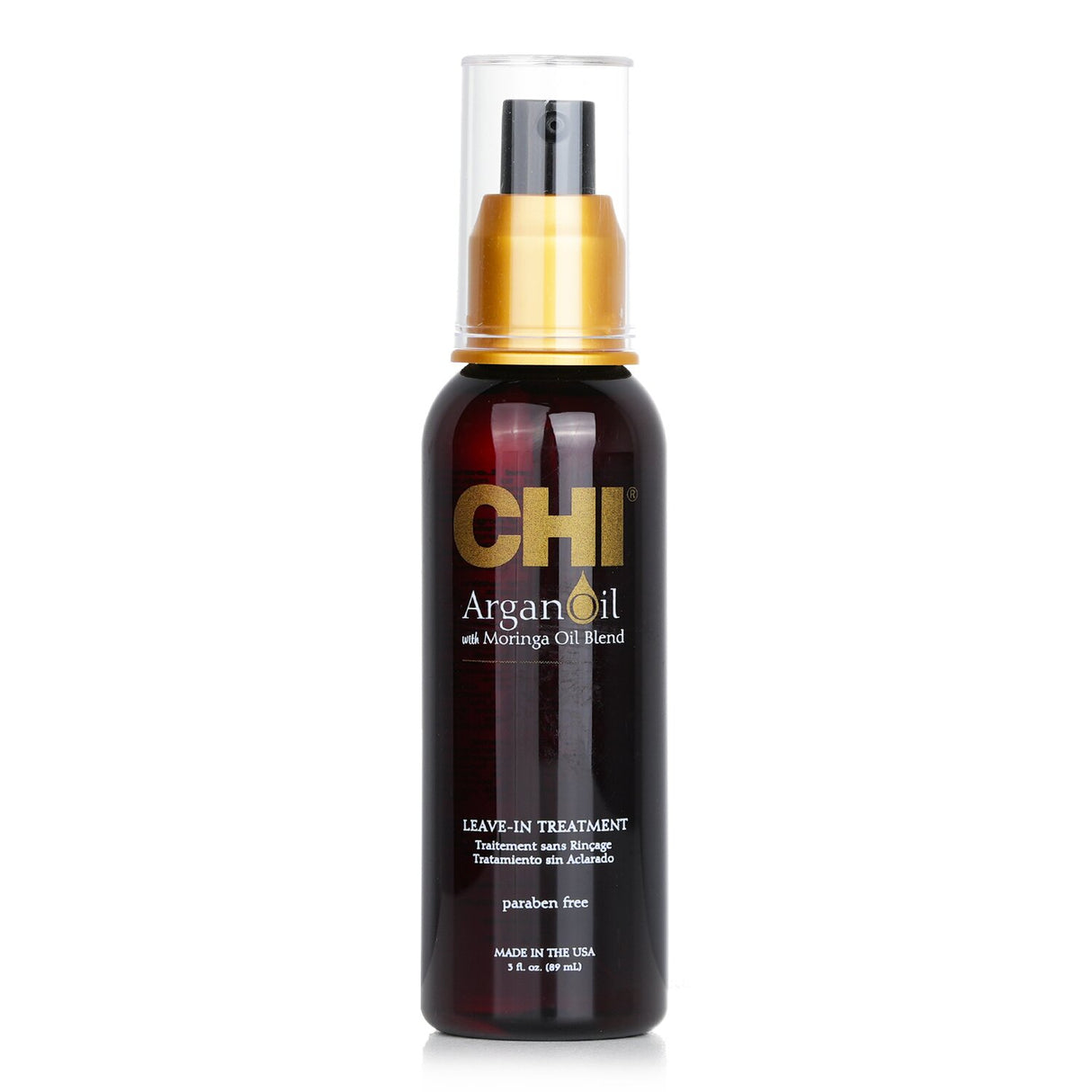 CHI Argan Oil Plus Moringa Oil in 89ml/3oz bottle, a lightweight treatment for nourishing and rejuvenating all hair types.