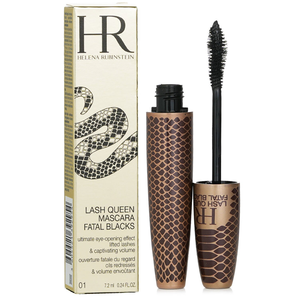 Helena Rubinstein Lash Queen Fatal Black Mascara featuring a python-shaped brush for ultimate lift, volume, and eye-opening effect.