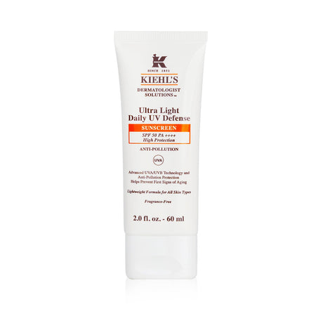 Kiehl's Ultra Light Daily UV Defense SPF 50, a translucent, non-greasy sunscreen with matte finish and long-lasting sun protection.