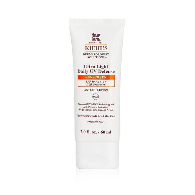 Kiehl's Ultra Light Daily UV Defense SPF 50, a translucent, non-greasy sunscreen with matte finish and long-lasting sun protection.
