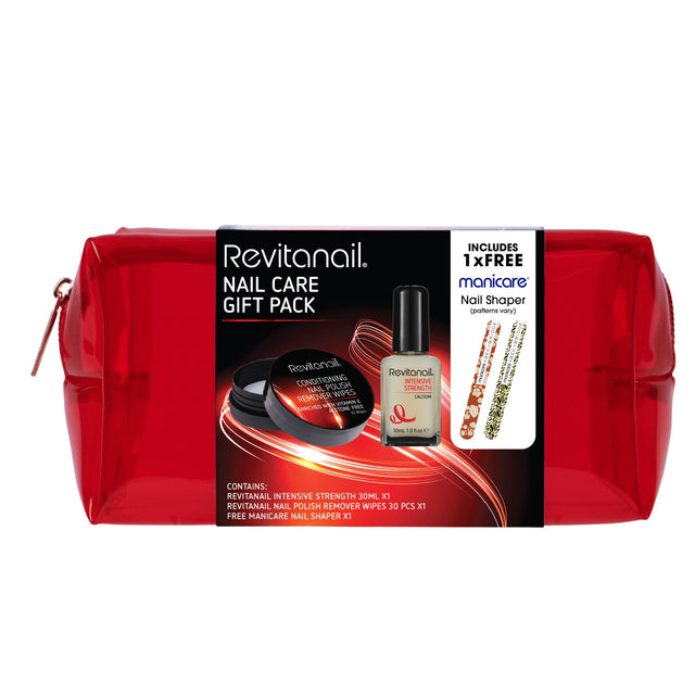 Revitanail Gift Pack features nail strength treatment, conditioning remover wipes, a shaping tool, and a stylish vegan leather bag.