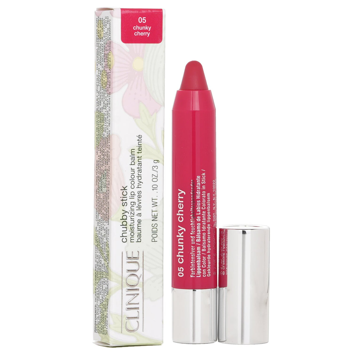 Clinique Chubby Stick No. 05 Chunky Cherry, a creamy lip color and liner in one, offers hydrating, long-lasting cherry shade.