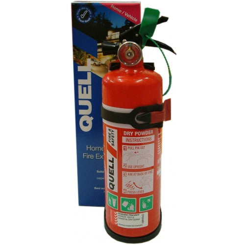 Compact 1kg Quell Powder Fire Extinguisher, compliant with AS 1841, ideal for home and vehicle fire emergencies.