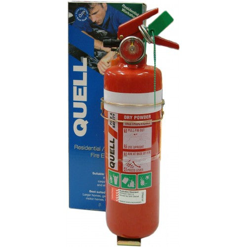 Lightweight 1.5kg Quell powder fire extinguisher for home/workshop use, compliant with Australian standards, includes wall hook.