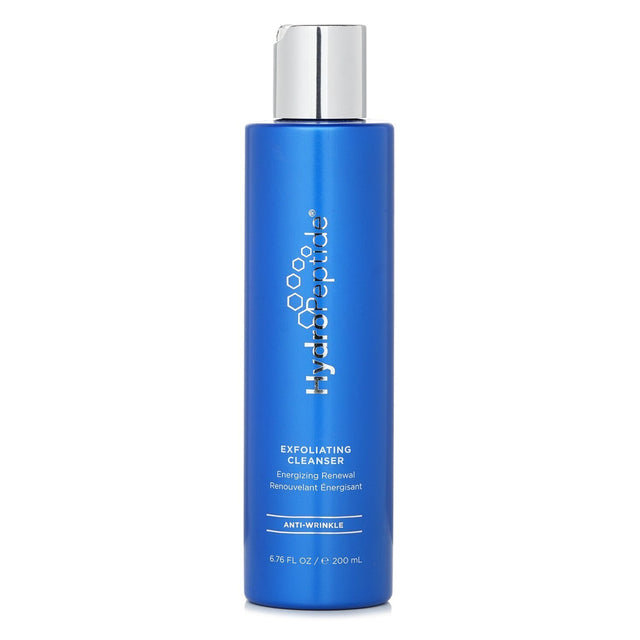 HydroPeptide Exfoliating Cleanser in a 200ml bottle, featuring Glycolic acid, Jojoba beads, and peptides for refreshed, smooth skin.