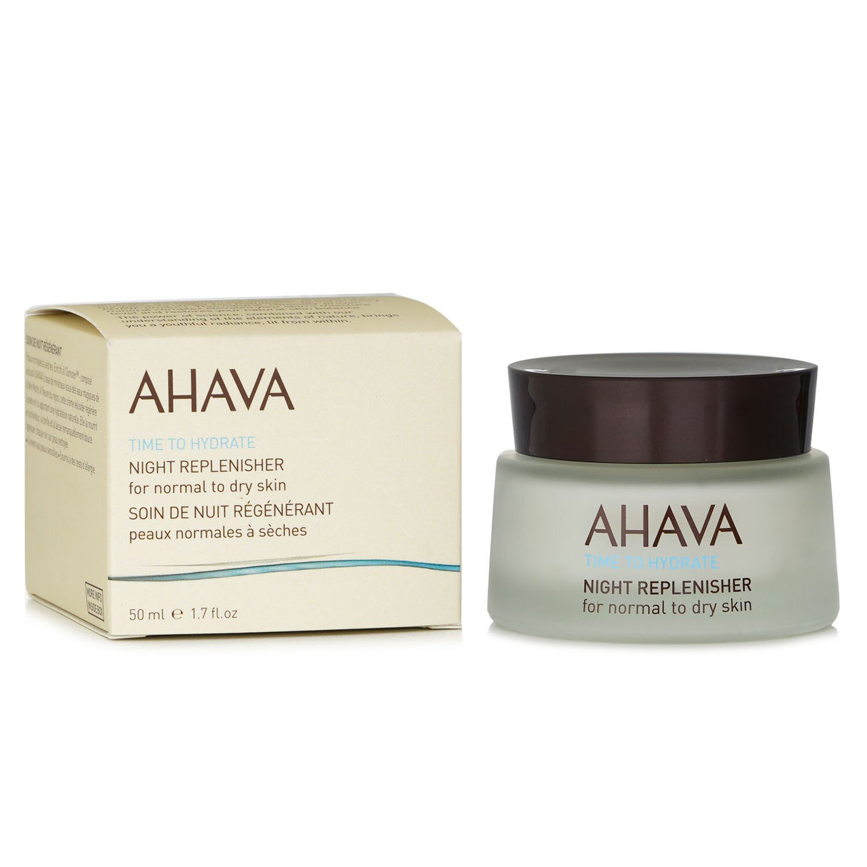 Ahava Time To Hydrate Night Replenisher, a 50ml cream for normal to dry skin, enriched with Dead Sea minerals for overnight hydration.