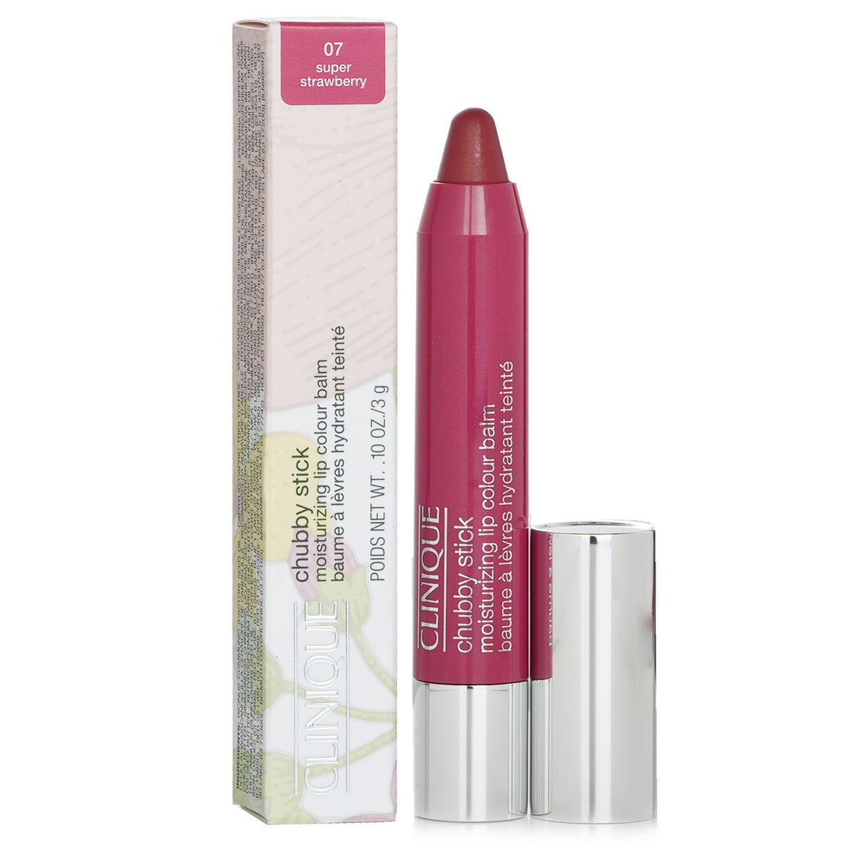 Clinique Chubby Stick No. 07 Super Strawberry, a hydrating lip color pencil with vibrant strawberry hue and creamy texture.