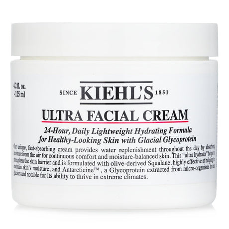 Kiehl's Ultra Facial Cream in 125ml offers 24-hour hydration, enhancing skin moisture and comfort in harsh conditions.