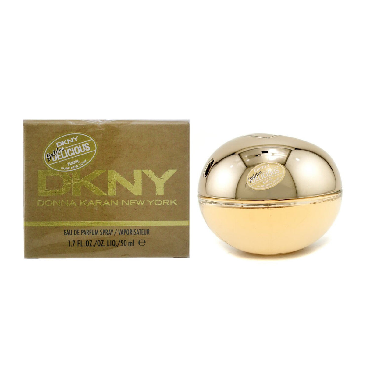 DKNY Golden Delicious Eau De Parfum, 50ml, features floral woody notes of apple, rose, and musk for a luxurious scent experience.