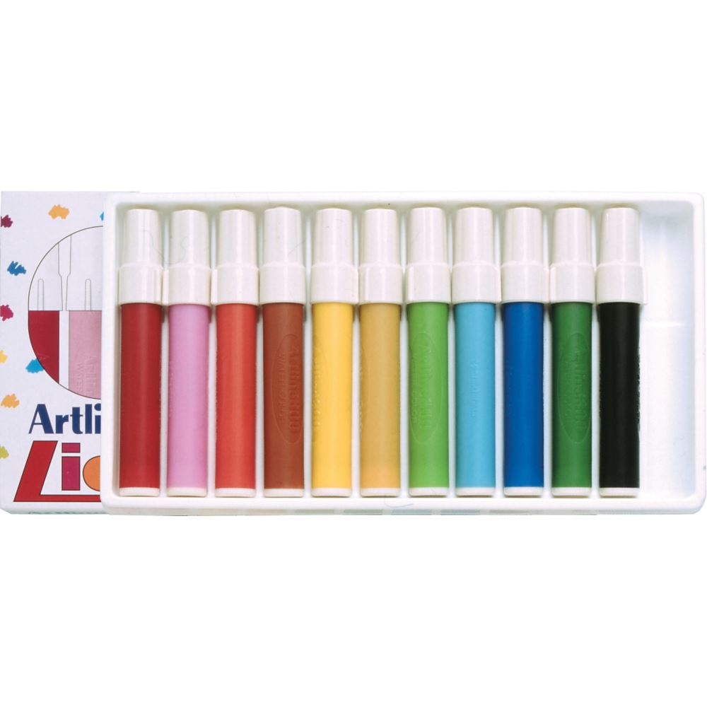 Assorted water-based markers mimicking wax crayon effects; safe, vibrant, and easy for kids to use in crafts.