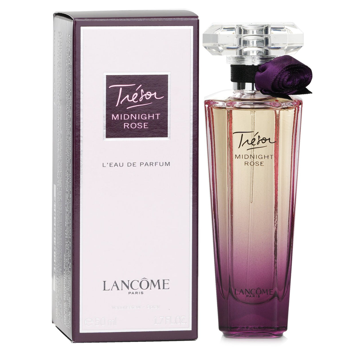 "50ml Lancôme Trésor Midnight Rose Eau De Parfum featuring floral notes of raspberry, rose, and vanilla for a romantic allure."